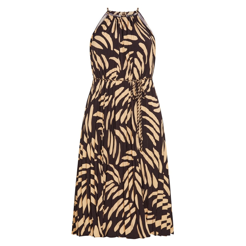 City Chic Tatum Maxi Dress Taupe Black Abstract Palm Pleated Halter Size 12